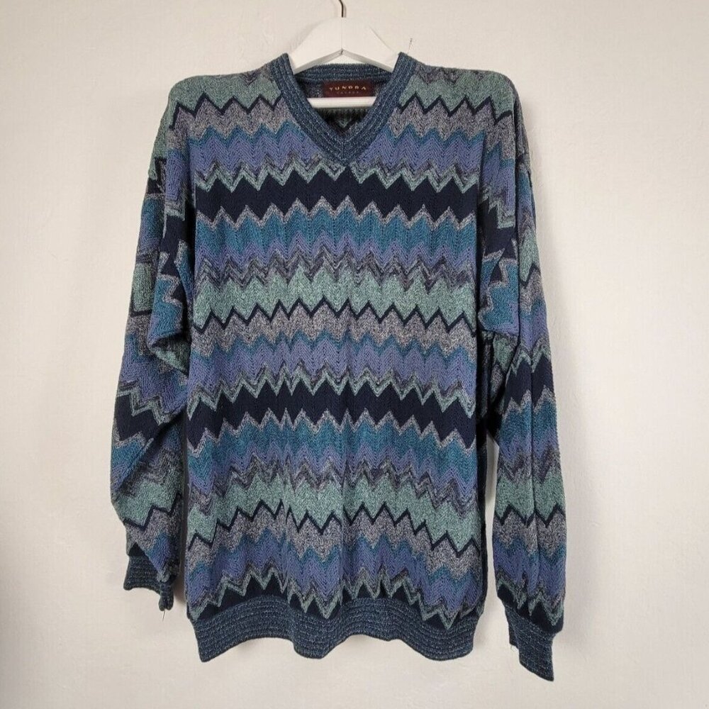 Vintage Tundra Canada Mens V-Neck Sweater Large Chevron ZigZag Knit Textured